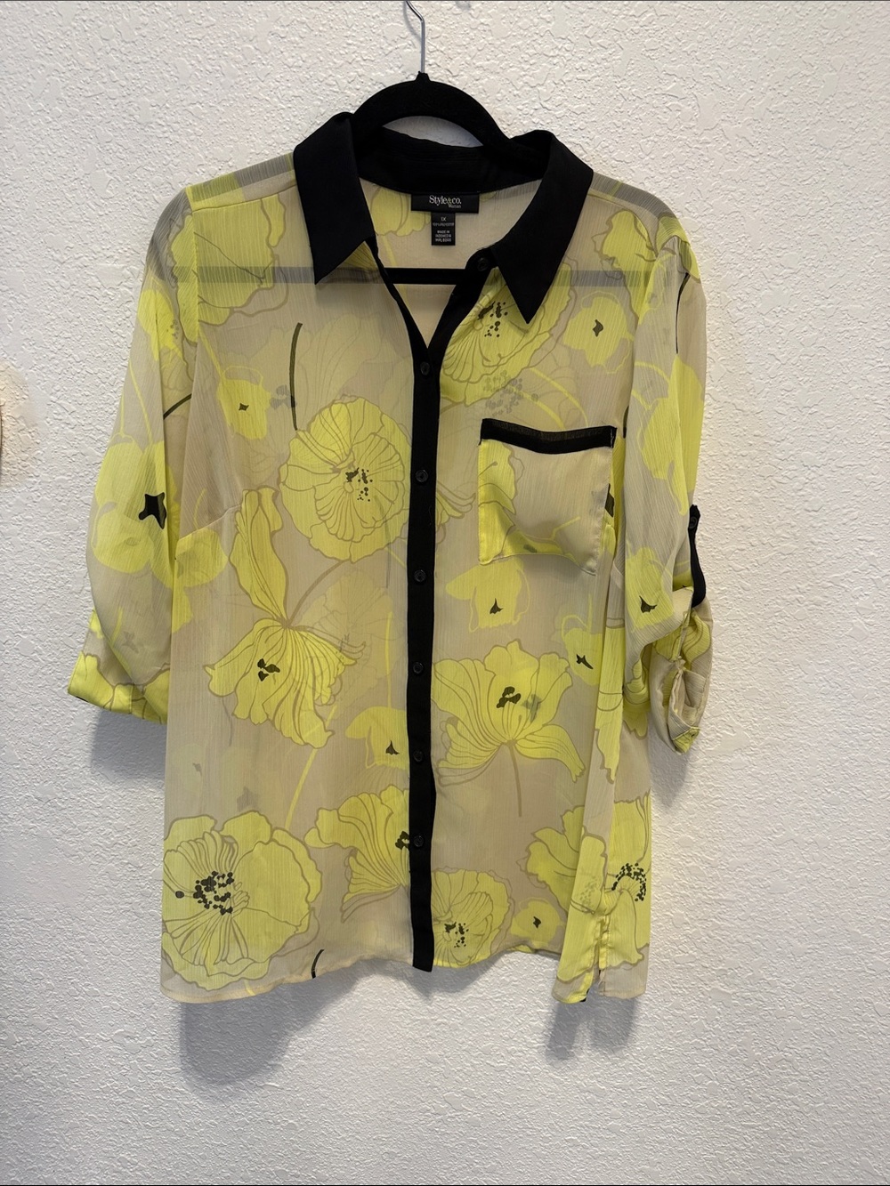 Style & Co. Yellow Floral Sheer Button-Up Blouse with Black Trim